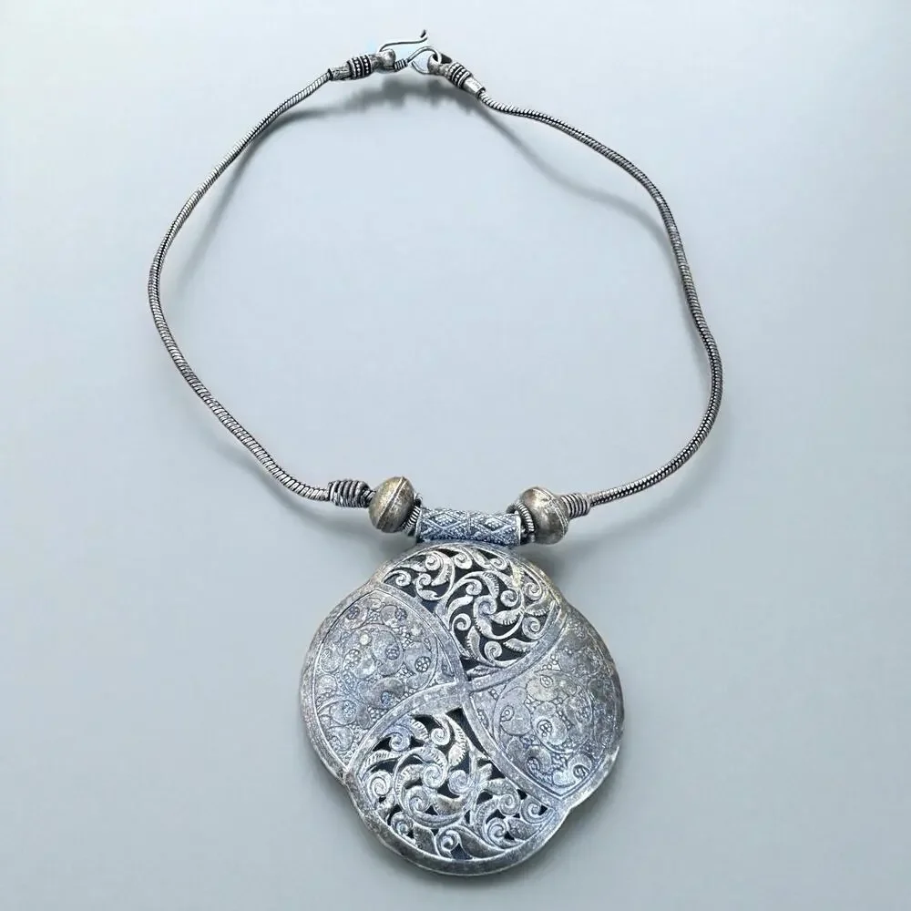 Vintage Moroccan Style Necklace Silver Medallion Statement Ethnic Tribal 19”